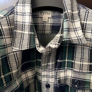J Crew Classic Fit Seabord Knit Green/Navy/White Plaid Flannel - Large